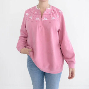 Vintage Blair Pink Floral Quarter Zip Crewneck Sweater Grandmacore Barbiecore XL